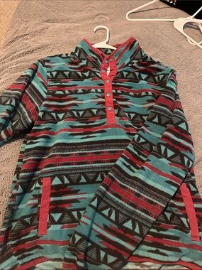 Cinch Teal & Red Aztec Snap-Front Fleece Pullover